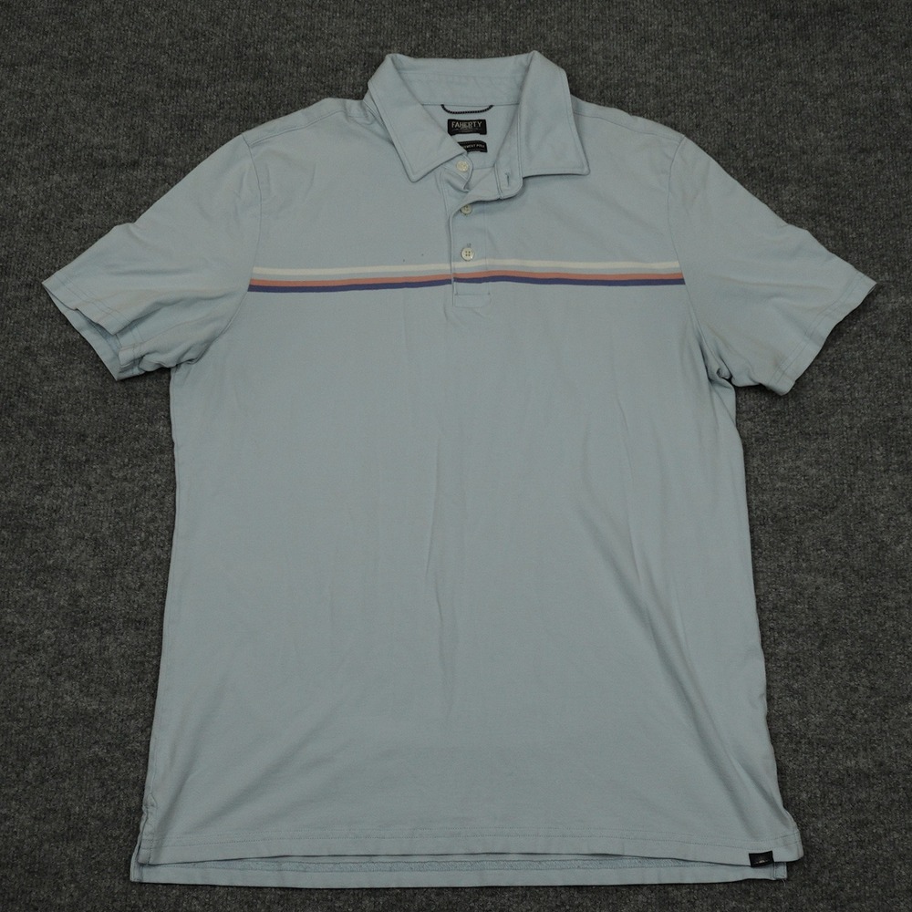 Faherty Polo Men Large Blue Striped Movement Short Sleeve Pima Cotton Blend
